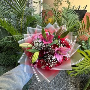 Rose And Lily Bouquet With Gypsy